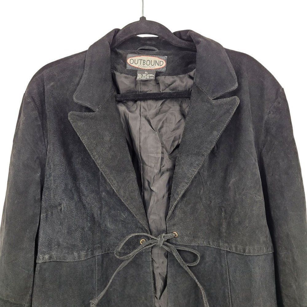 Vintage 80s Leather Jacket XL Black Suede Leather Long Tie‎ Unisex Boho Cosplay - Picture 4 of 11